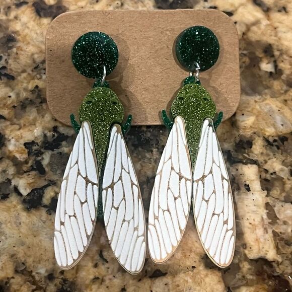 Sparkly Acrylic Beetle Earrings Bug Green - Picture 2 of 3